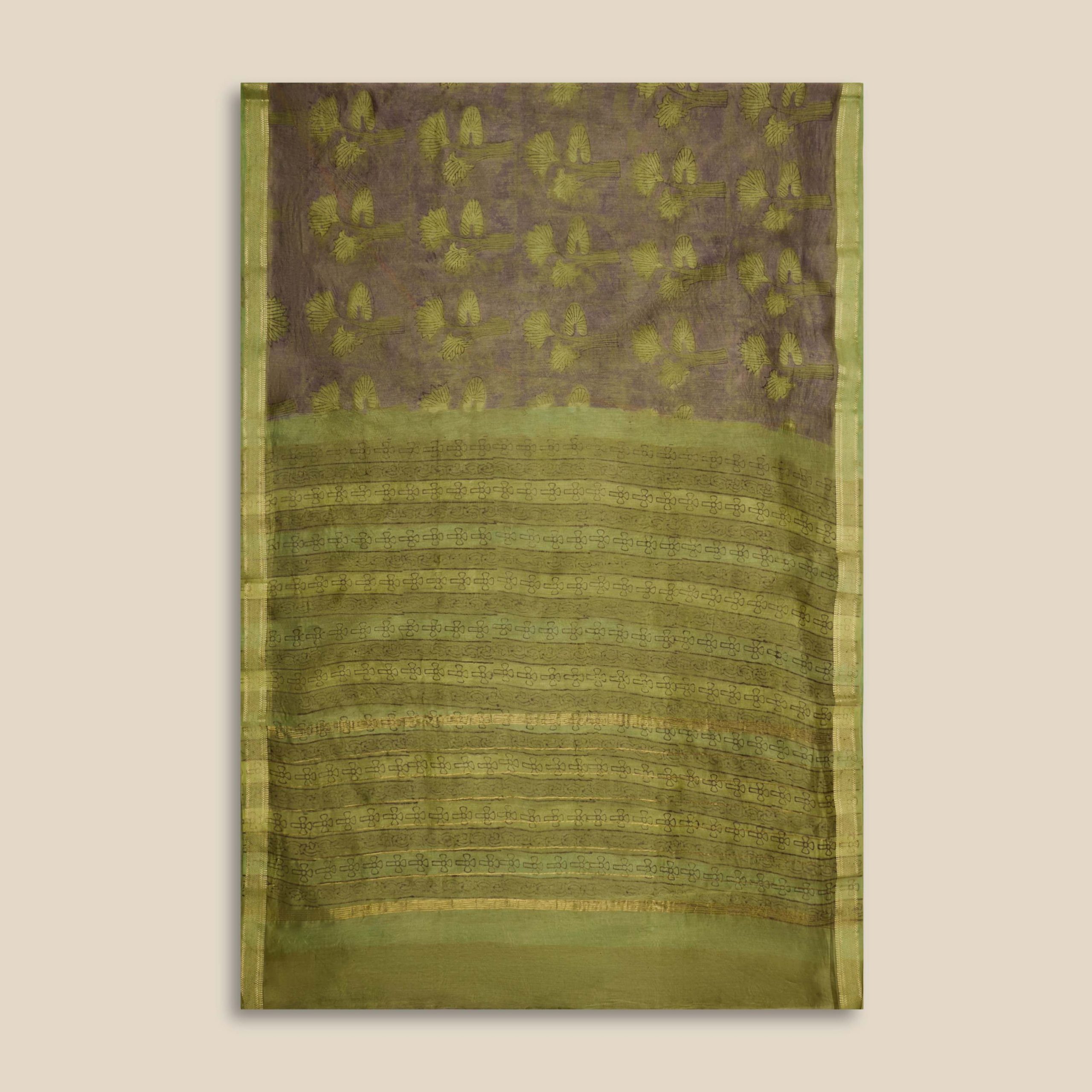 Olive Green Bagru Hand Block Vanaspati Dye Saree - Image 4