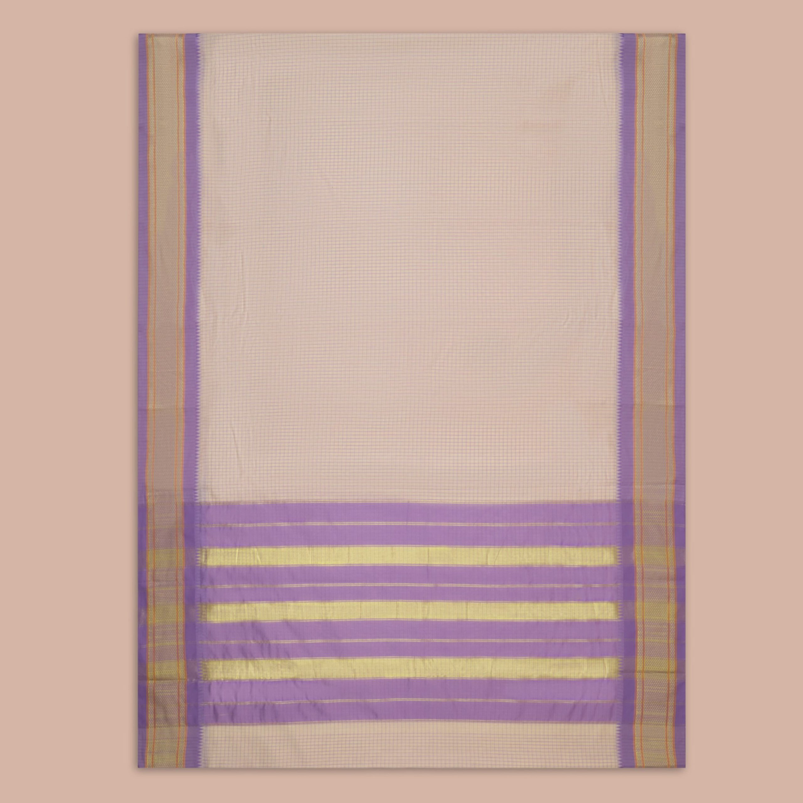 Ivory & Lavender Cotton Checks Saree - Image 3