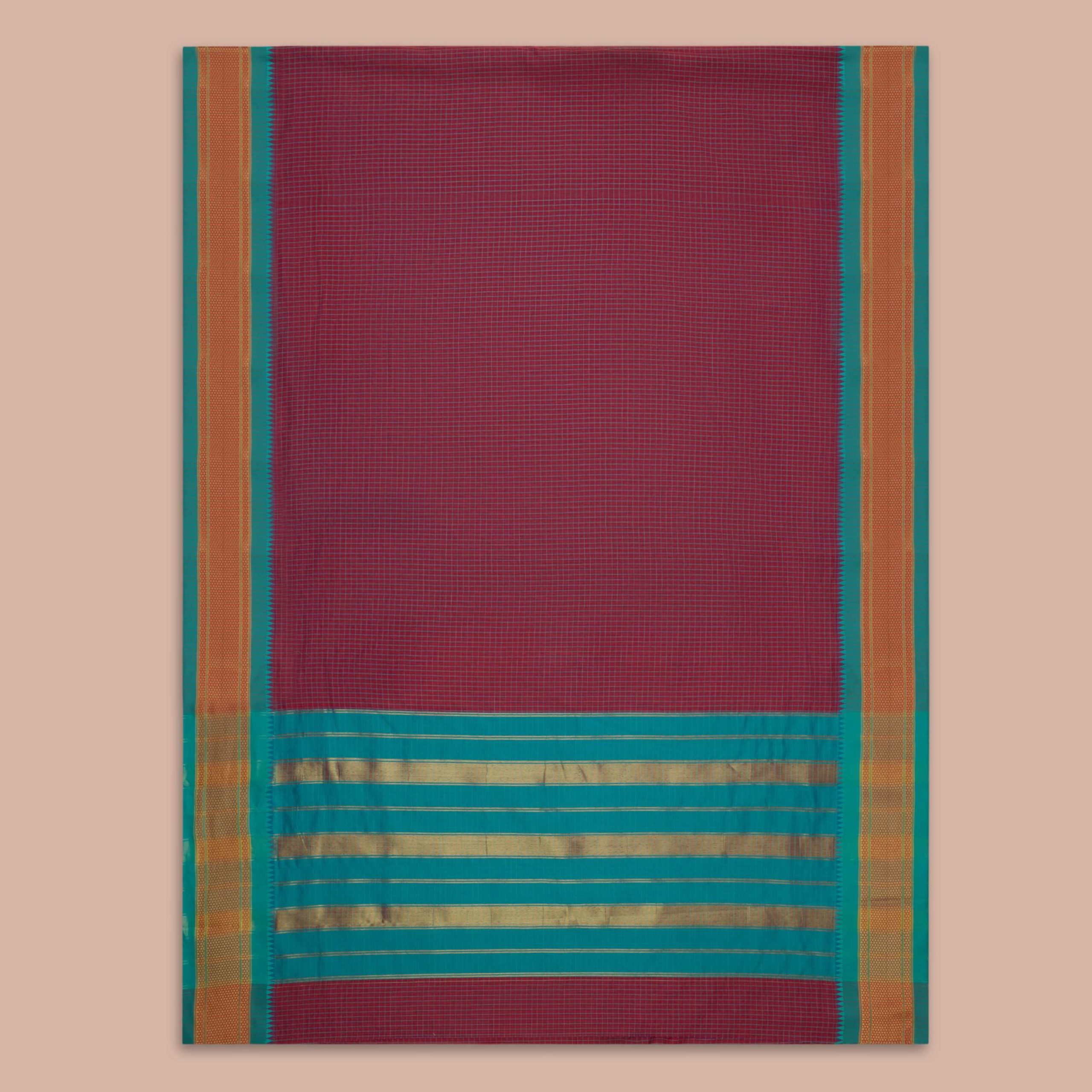 Red & Green Cotton Checks Saree - Image 3
