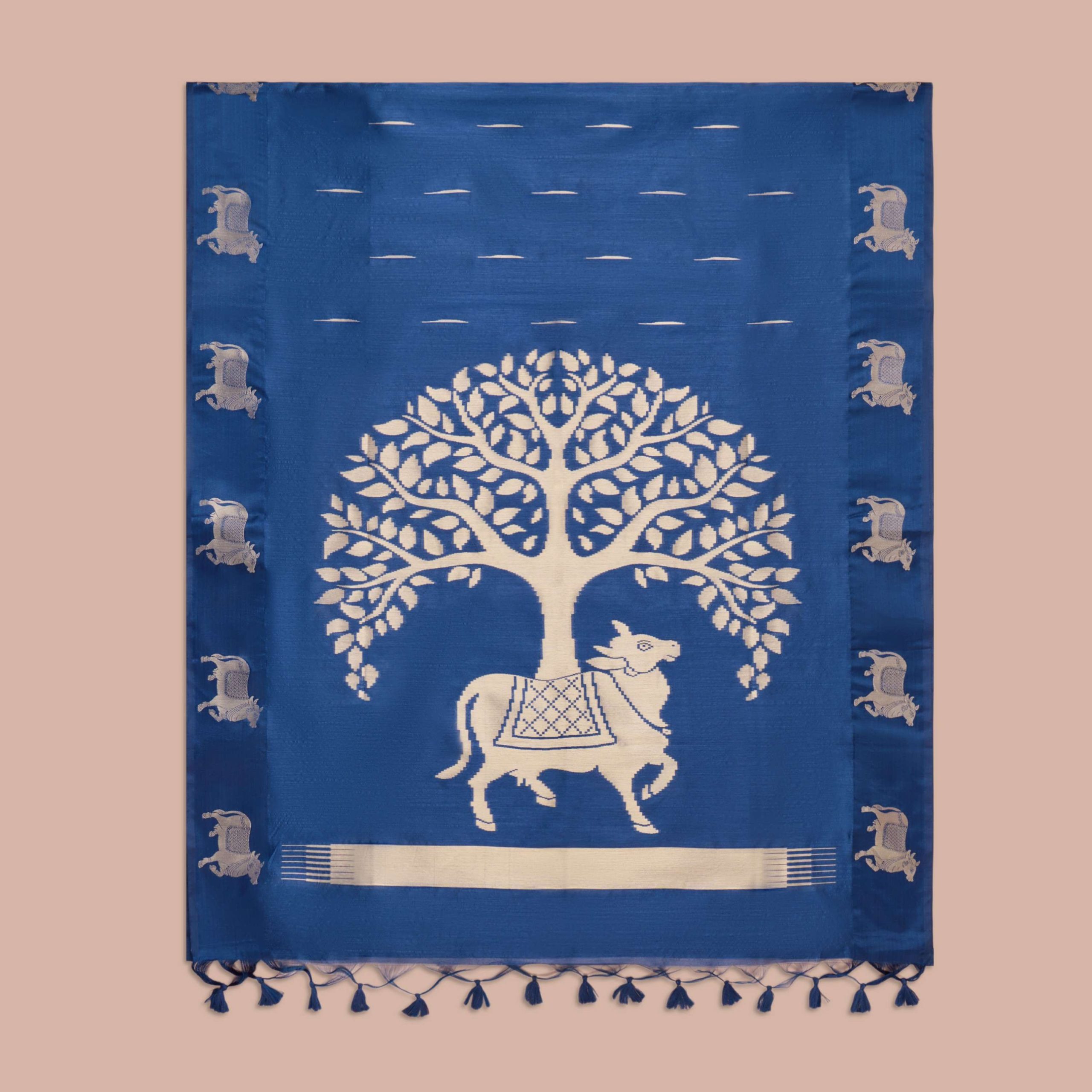 Royal Blue Tussar Silk Saree - Image 3