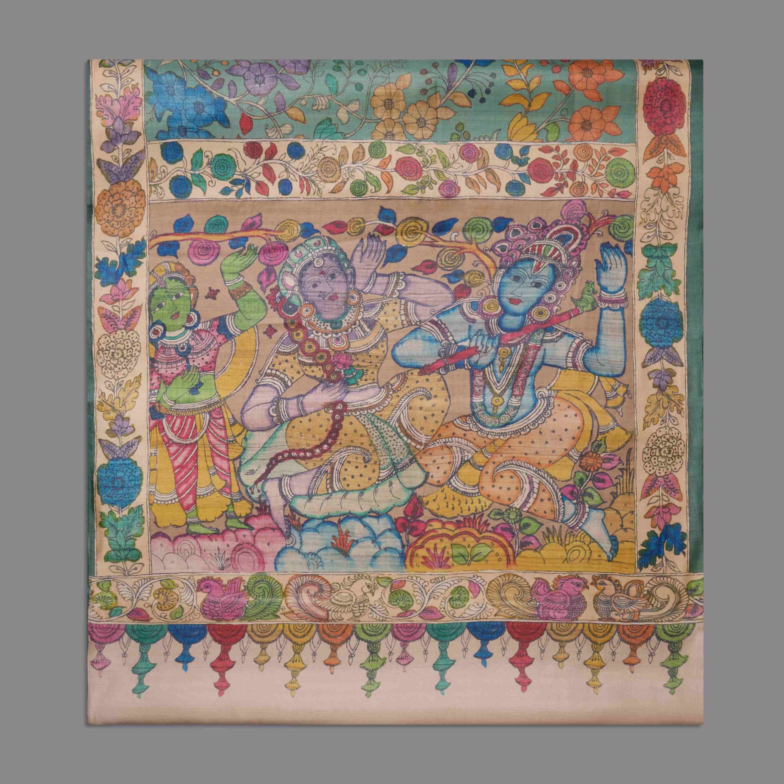 Teal Green Kalamkari Print Modal Saree - Image 2