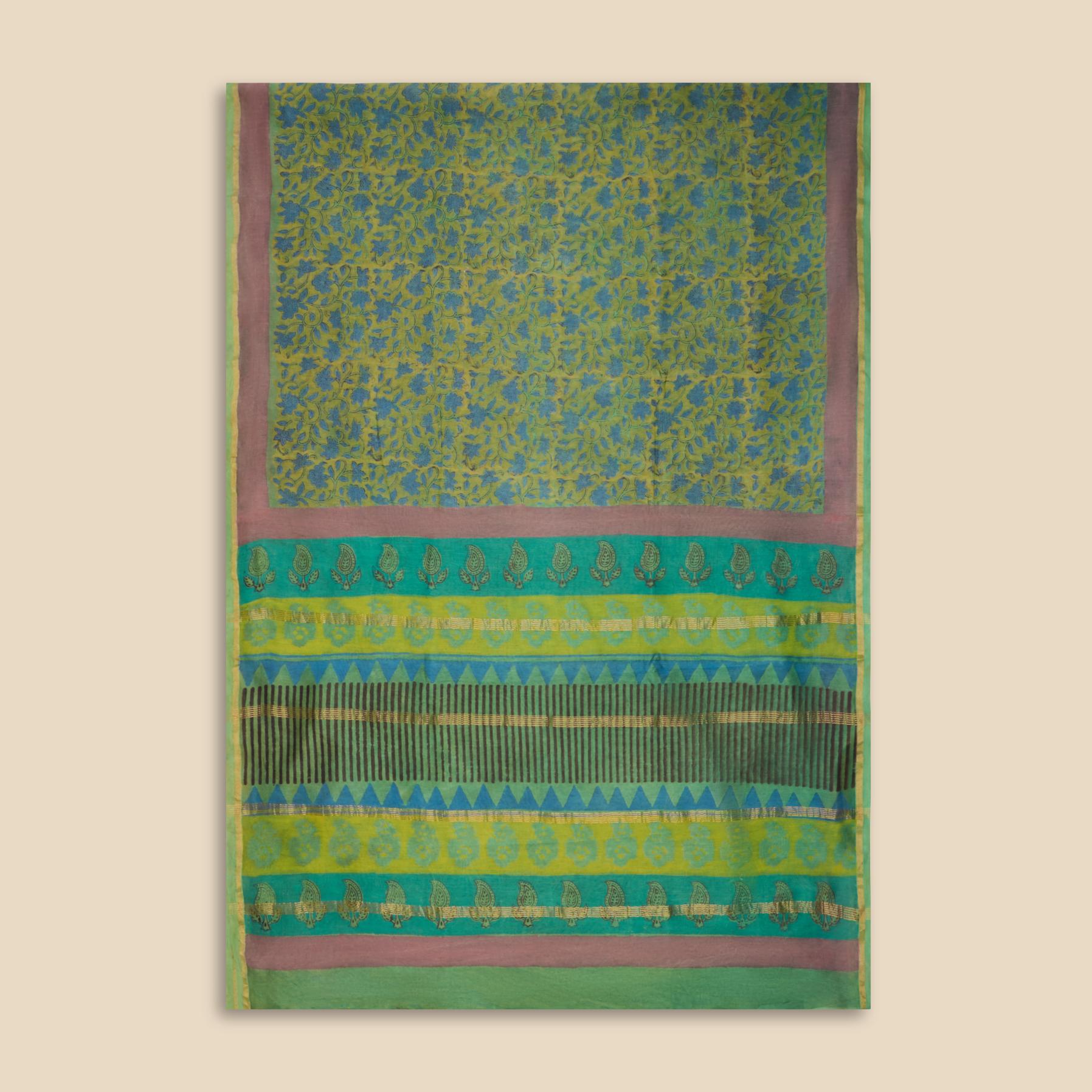 Green Bagru Hand Block Pomegranate Dye Saree - Image 4
