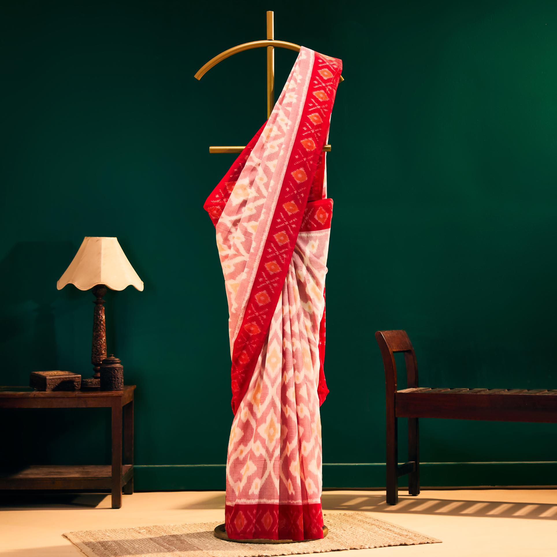 Ivory Red Pochampally Ikat Cotton Handloom Saree - Image 2
