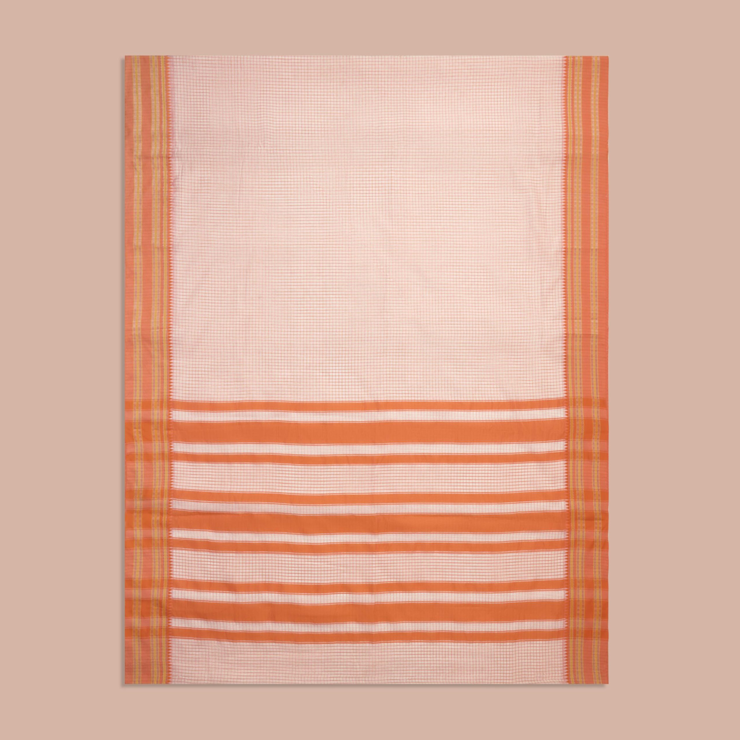 White & Orange Cotton Checks Saree - Image 3