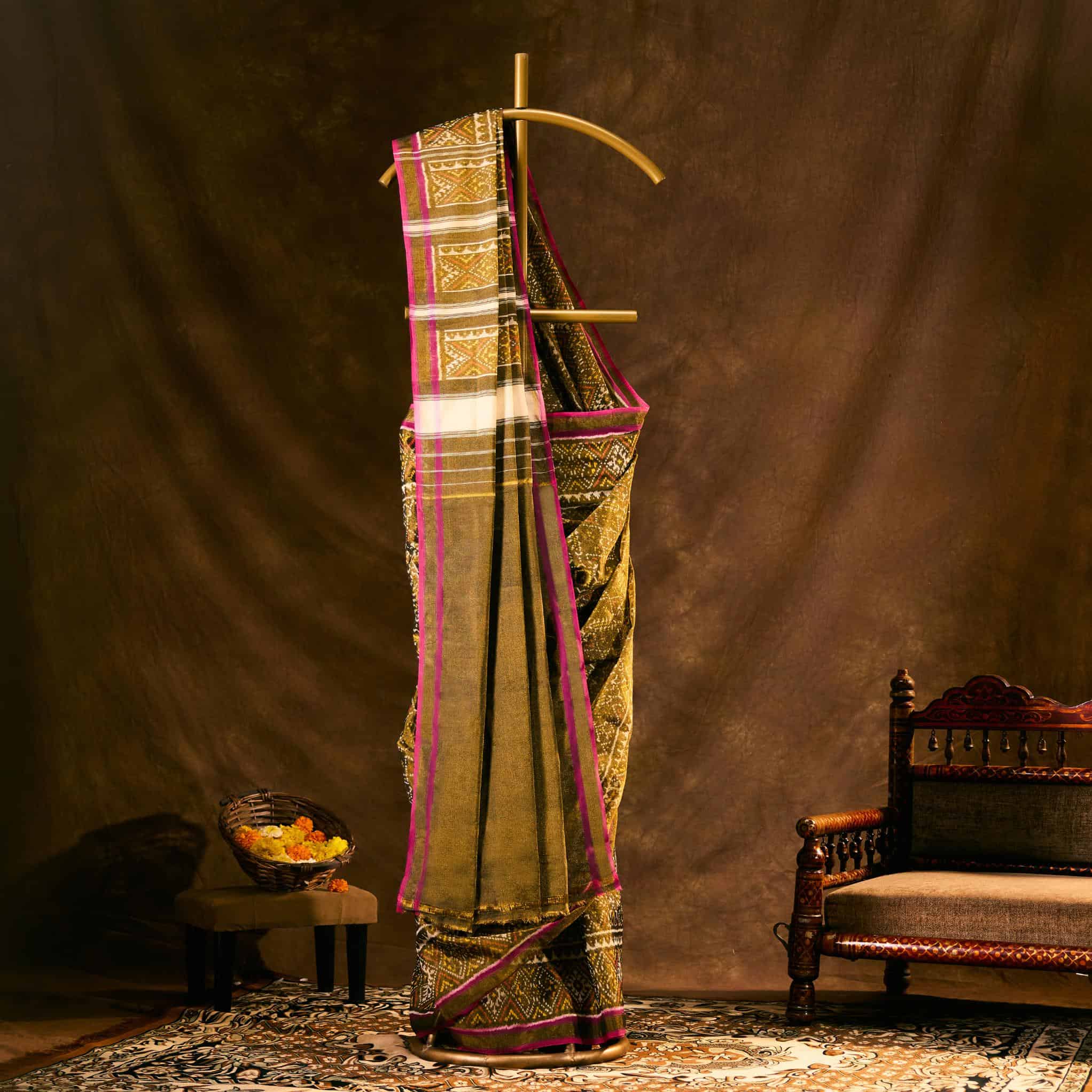 Olive & Gold Cotton Tissue Patola Saree - Image 2