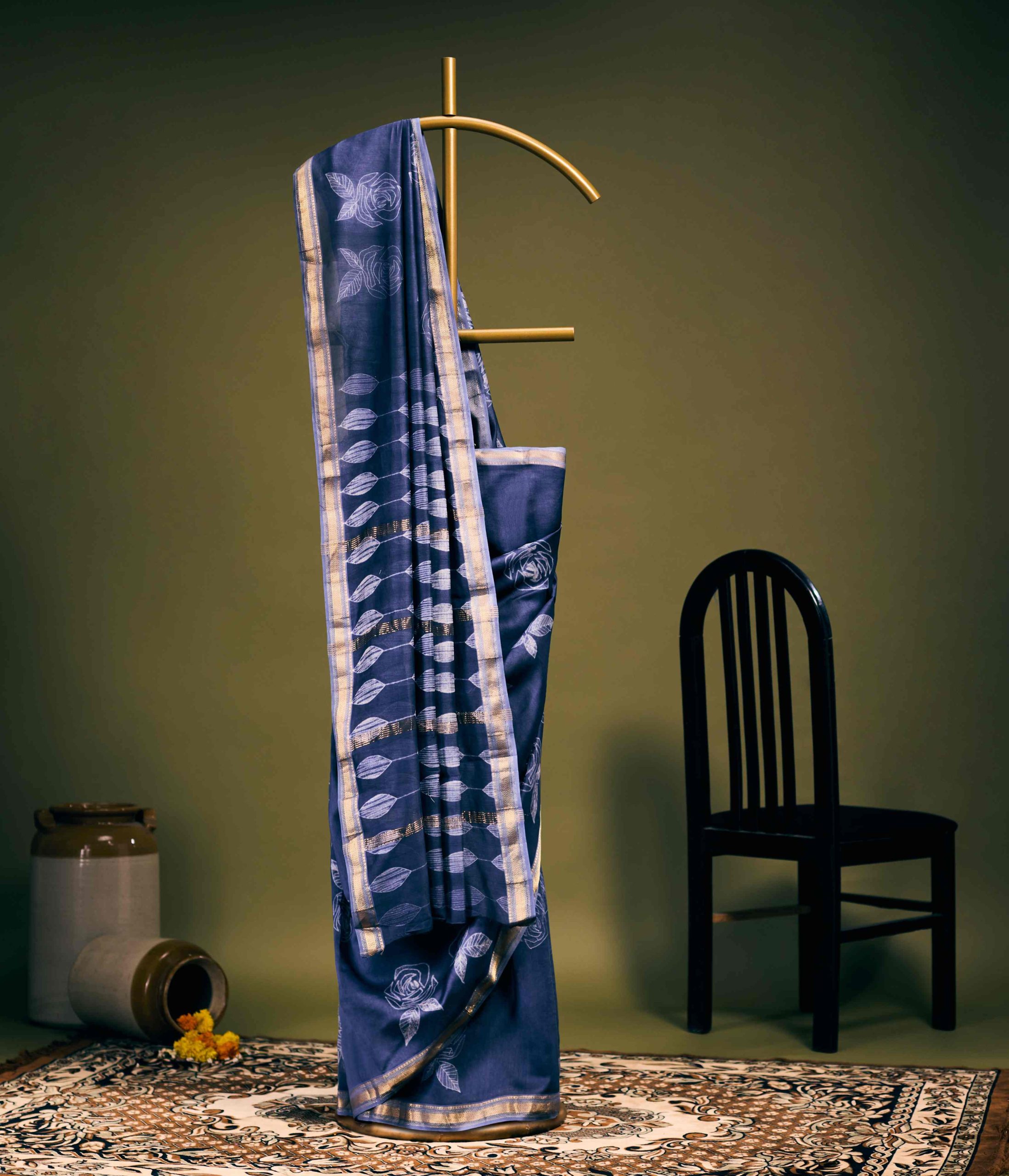 Indigo Bagru Hand Block Print Saree - Image 2