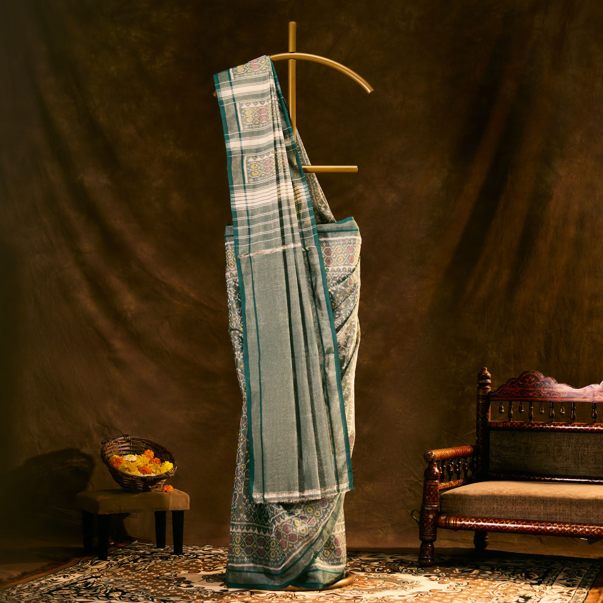 Sage Grey Cotton Tissue Patola Saree - Image 2