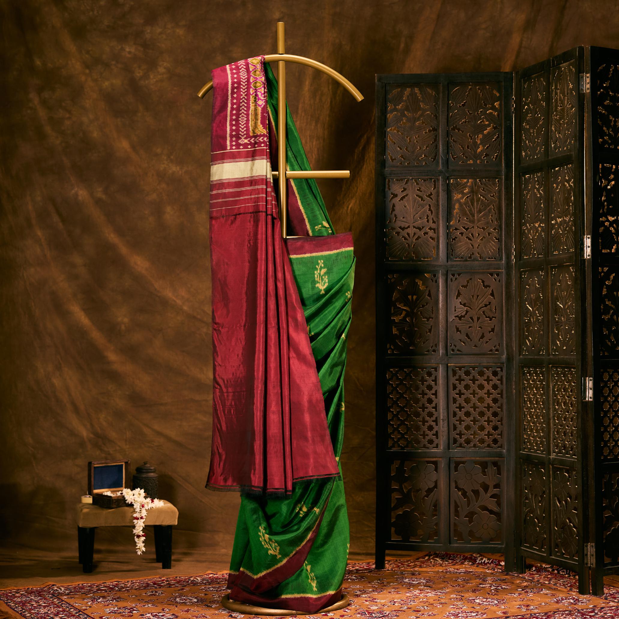 Emerald Green & Maroon Silk Patola Saree - Image 2