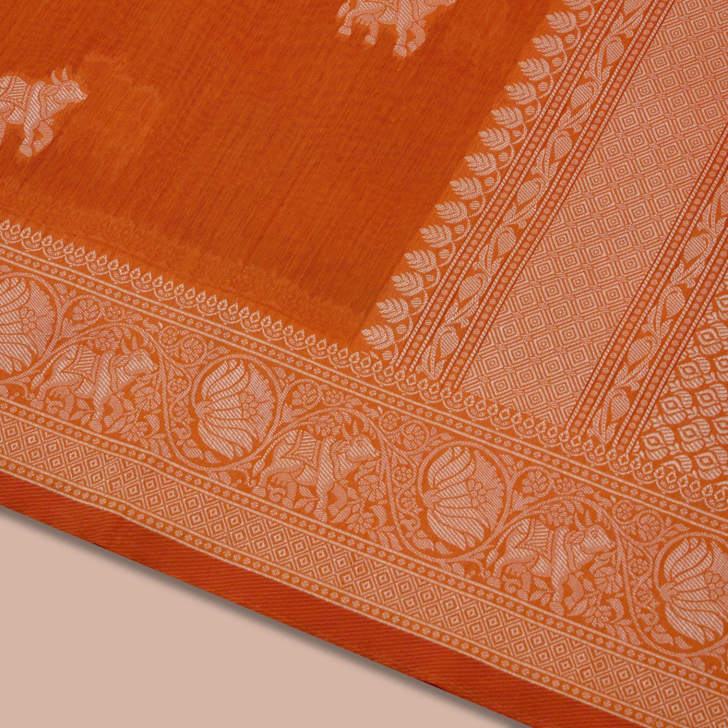 Coral Red Cotton Butta Work Saree - Image 3