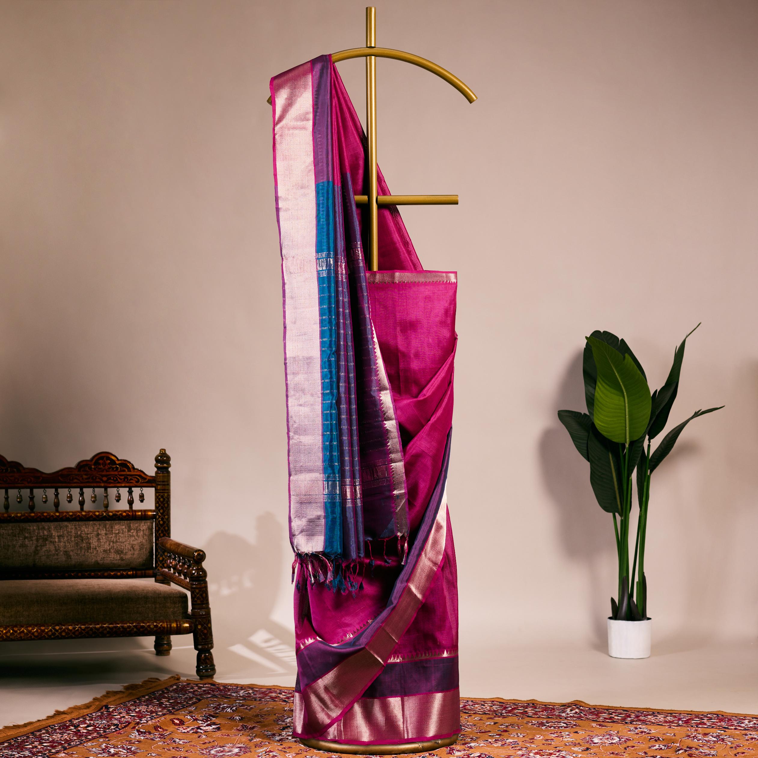 Magenta & Purple Mangalagiri Pattu Handloom Saree - Image 2