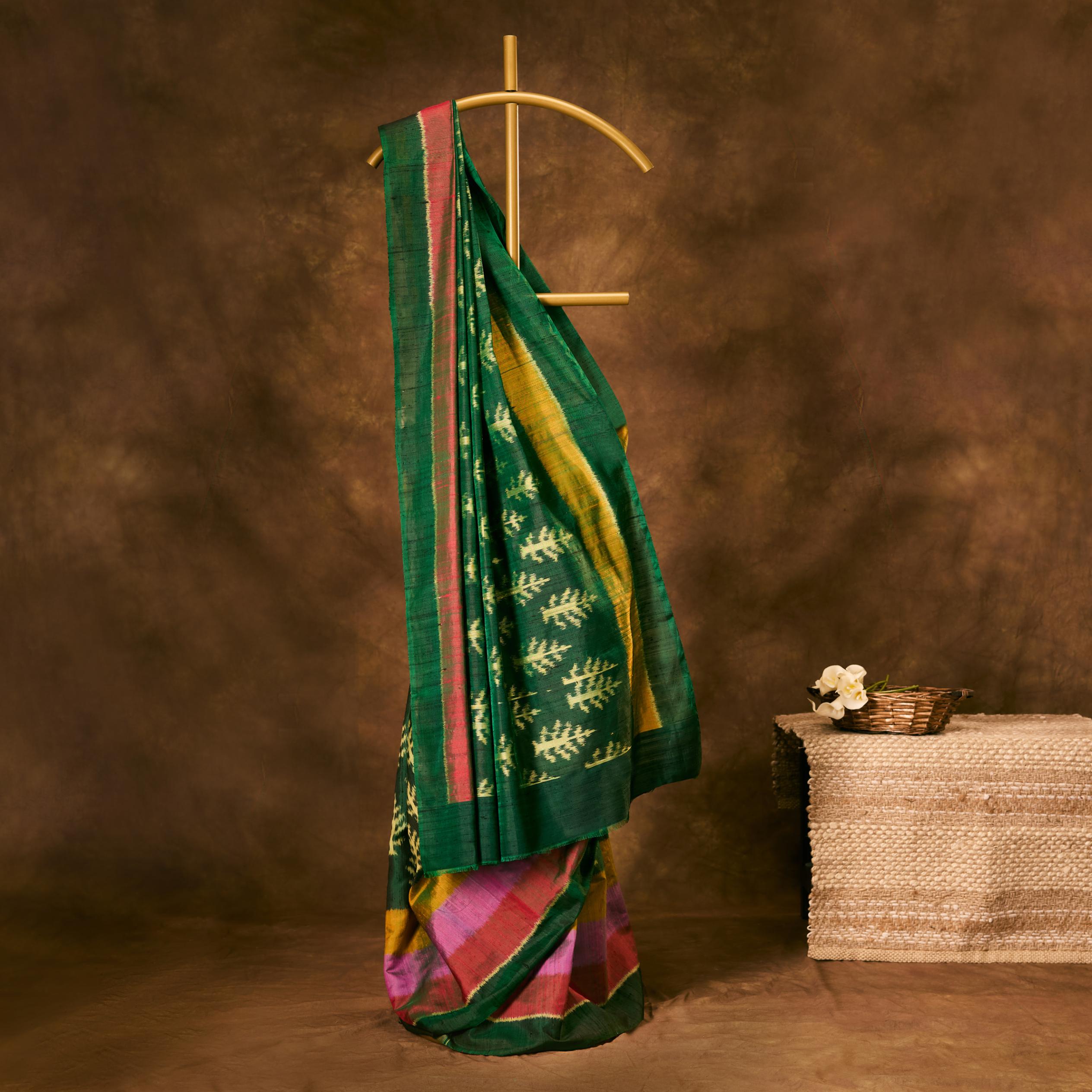 Forest Green Tussar Silk Patola Saree - Image 2