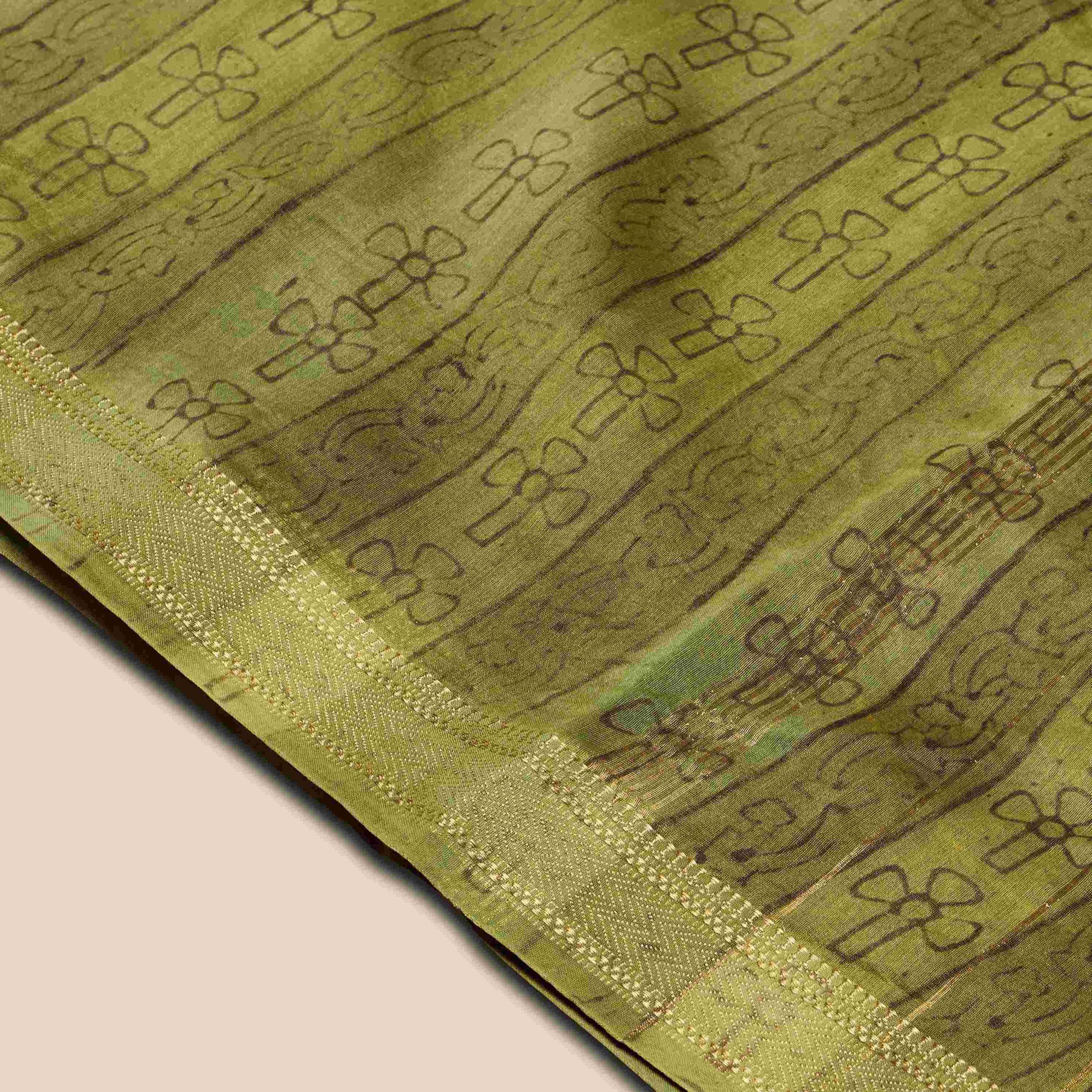 Olive Green Bagru Hand Block Vanaspati Dye Saree - Image 3