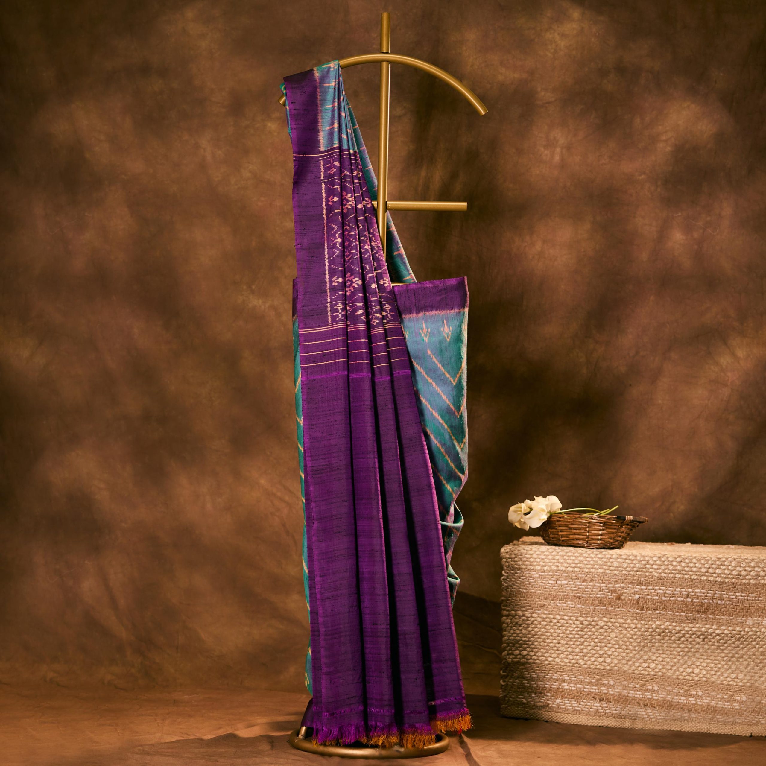 Turquoise & Purple Raw Silk Patola Saree - Image 2