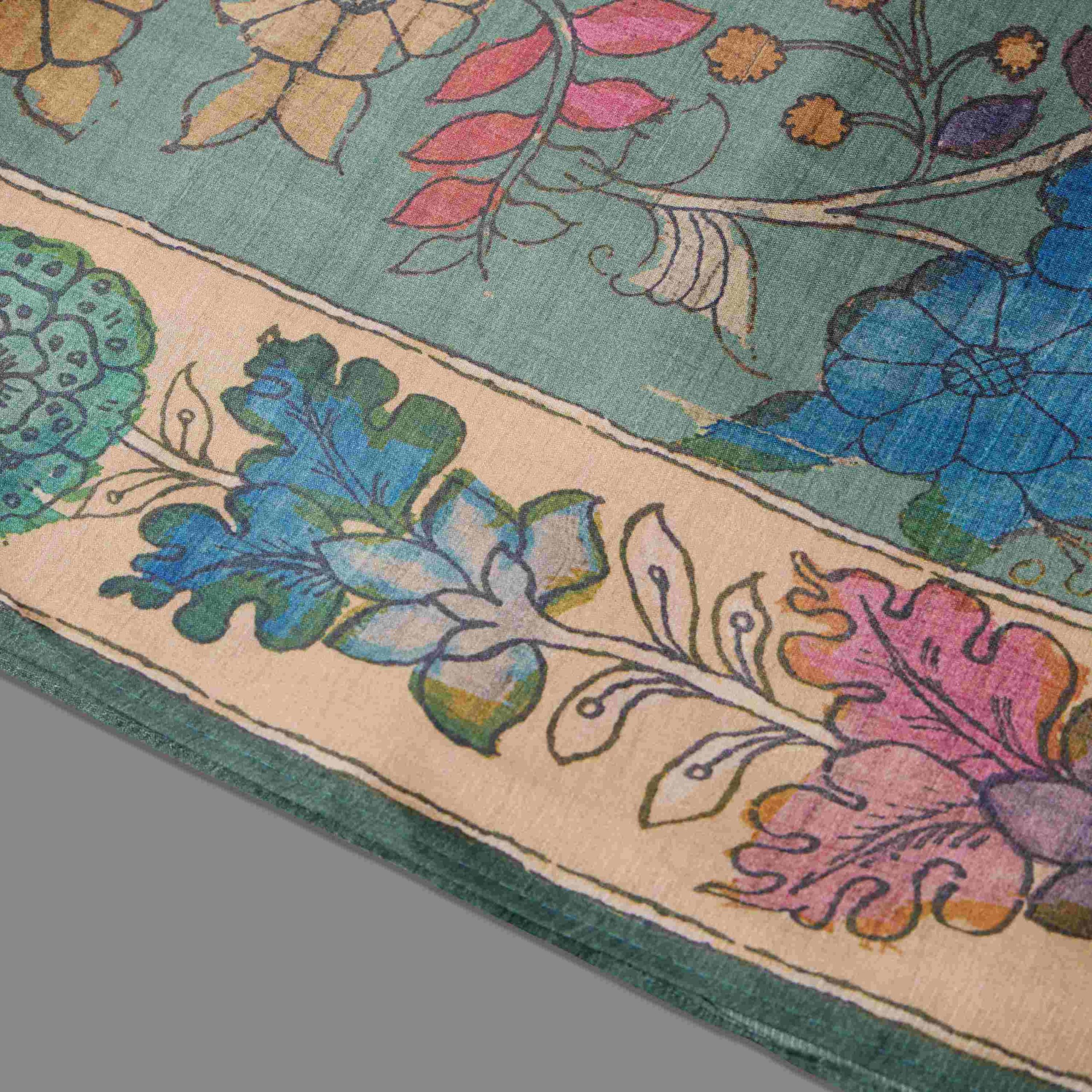 Teal Green Kalamkari Print Modal Saree - Image 3