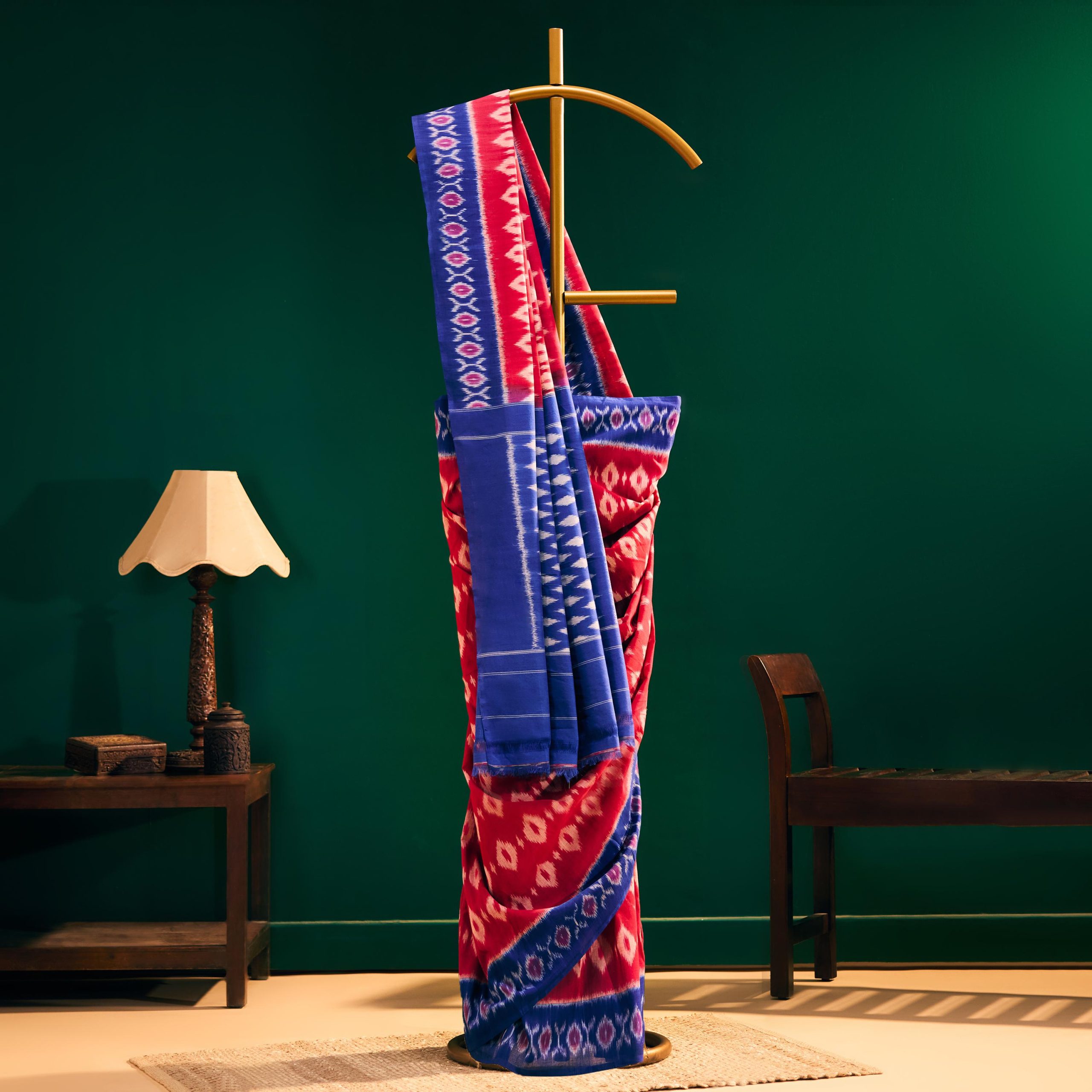 Red Pochampally Ikat Cotton Handloom Saree - Image 3
