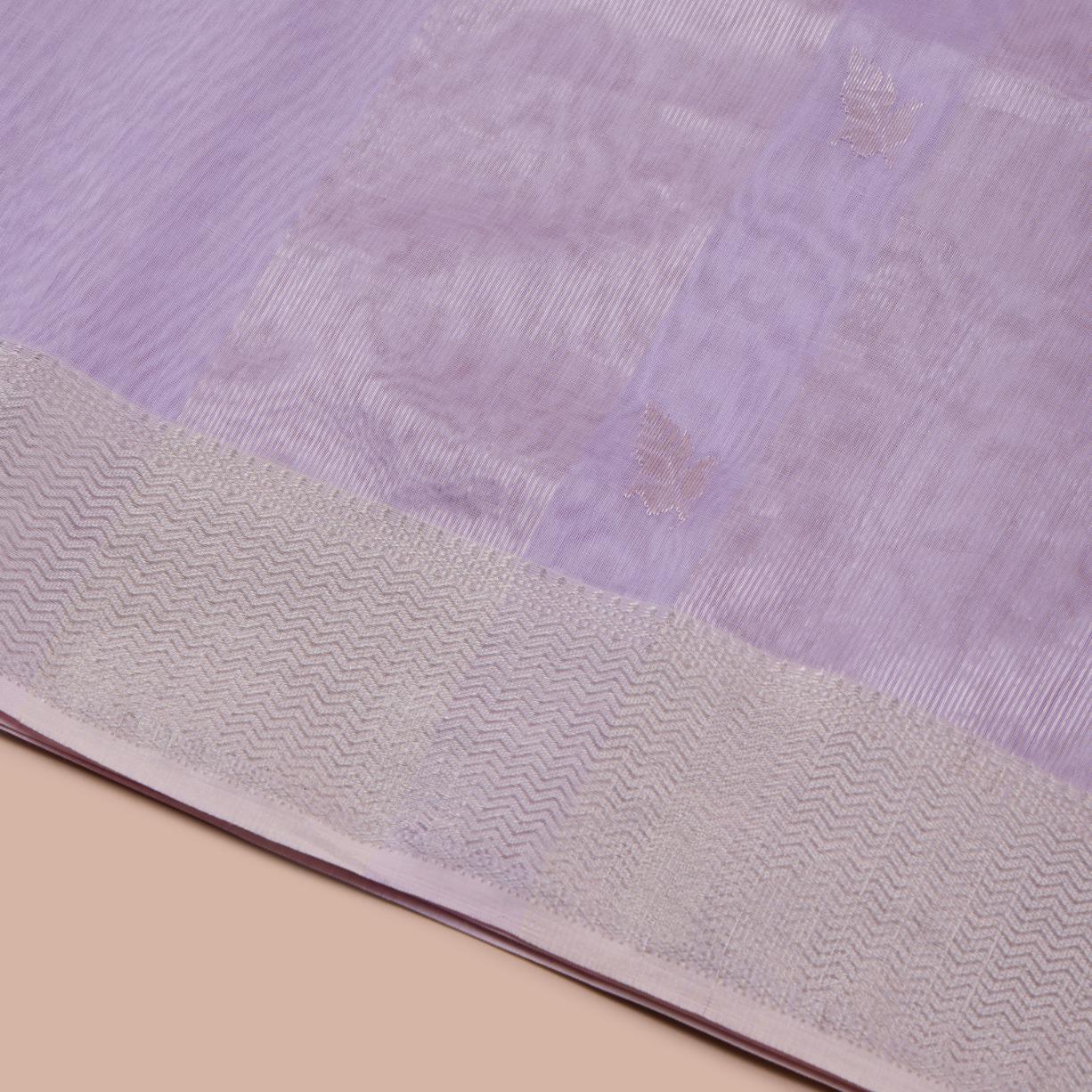 Lilac Cotton Saree with Delicate Leaf Motifs - Image 3