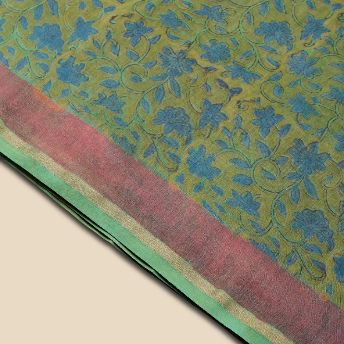 Green Bagru Hand Block Pomegranate Dye Saree - Image 3