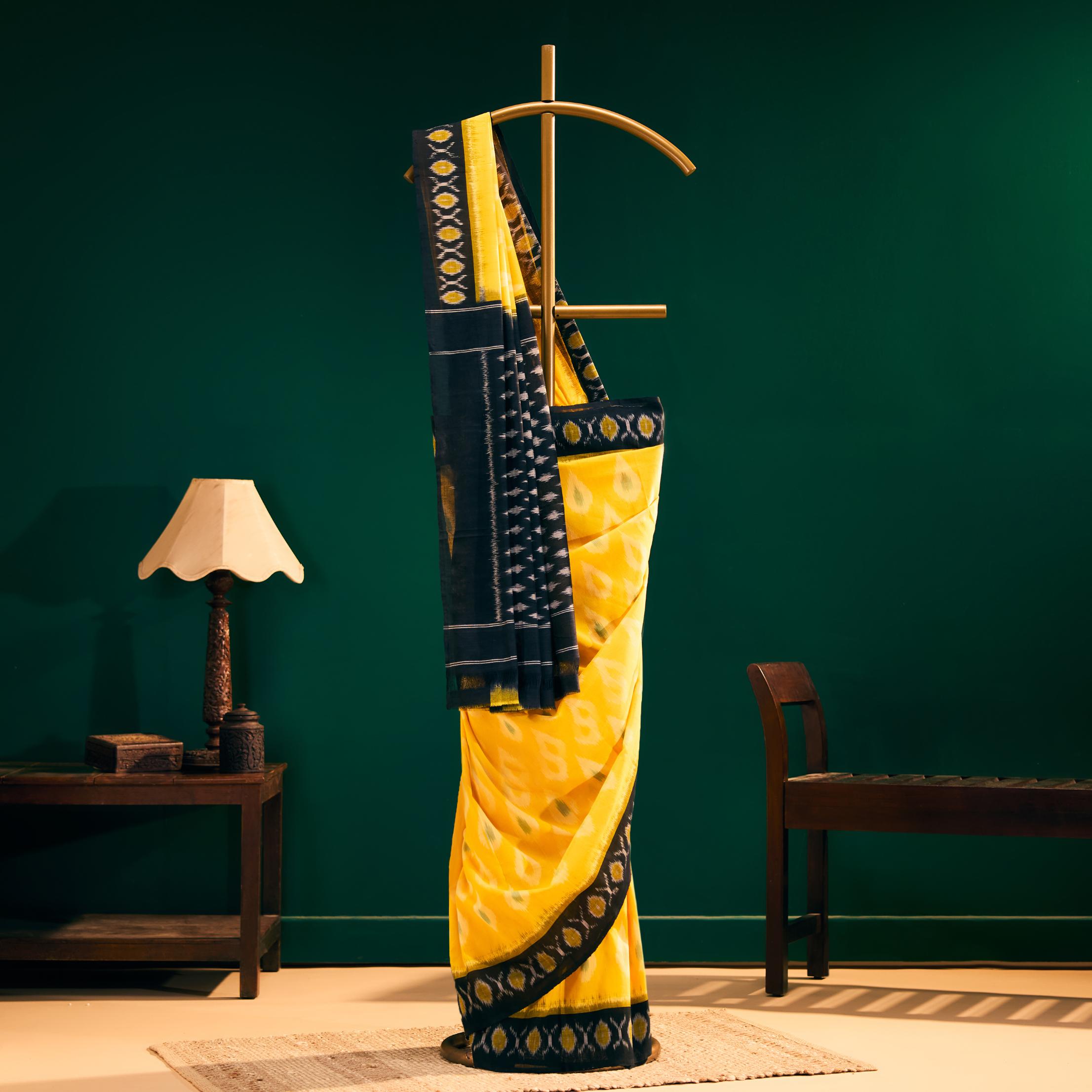Yellow Pochampally Ikat Cotton Handloom Saree - Image 2