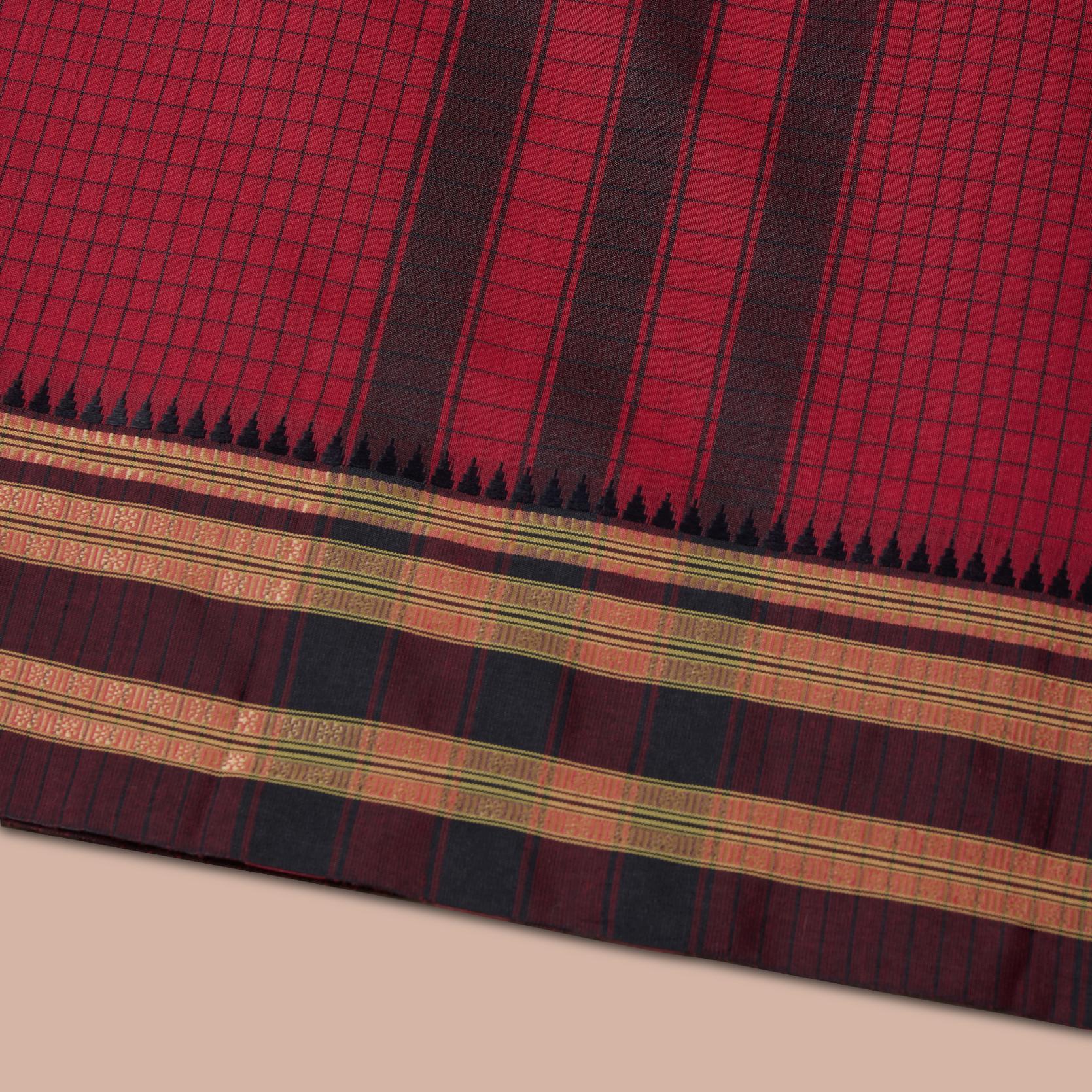 Brown Cotton Checks Saree - Image 2
