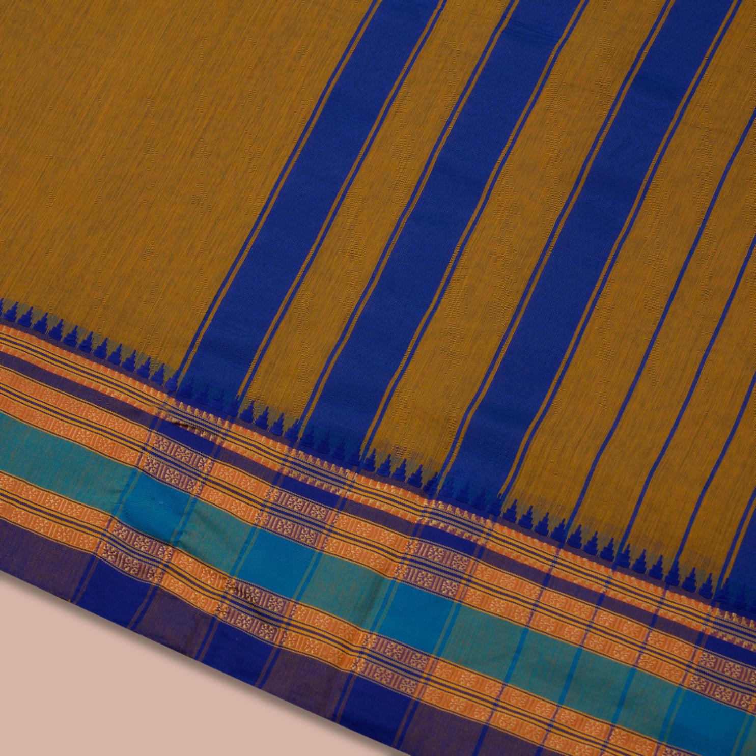 Mustard & Blue Narayan Peth Cotton Saree - Image 4