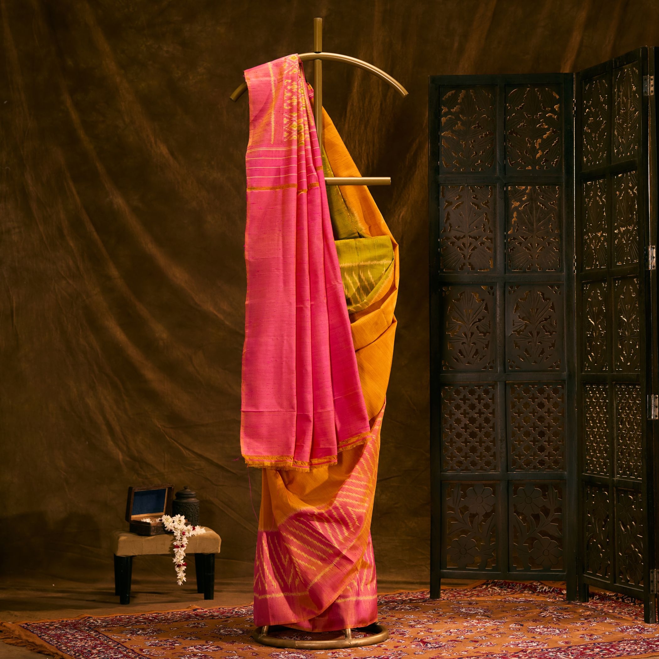 Orange & Pink Raw Silk Patola Saree - Image 2