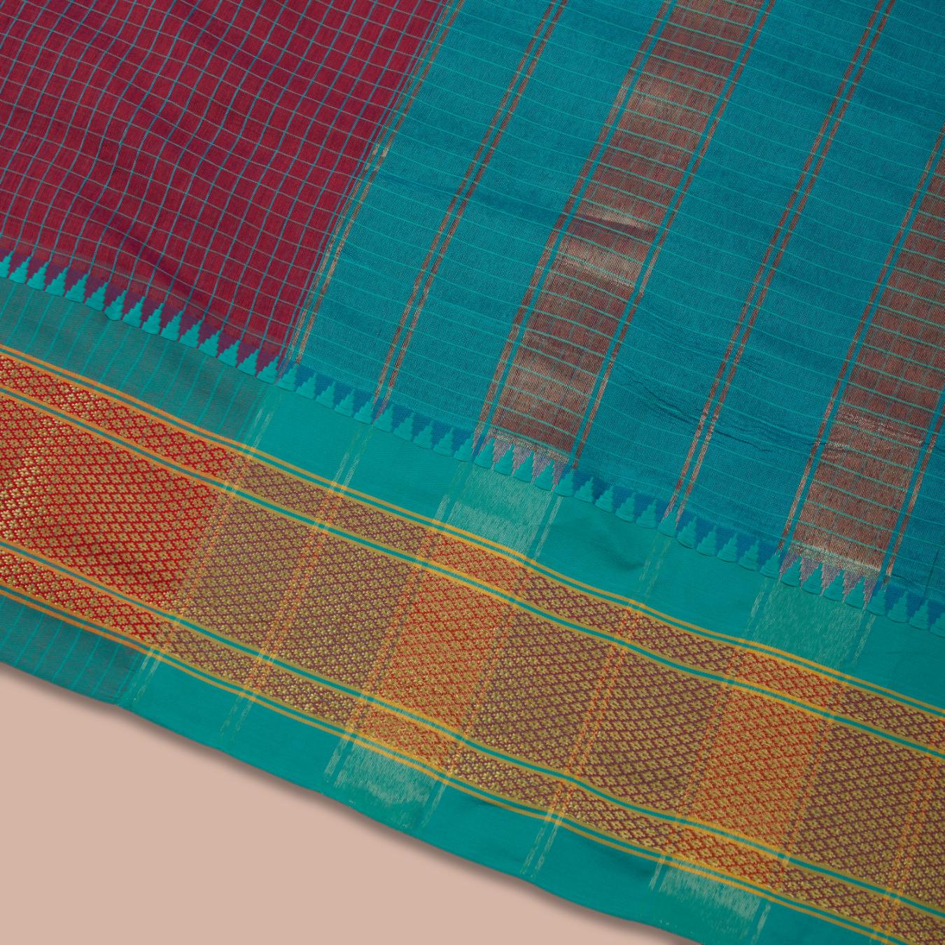 Red & Green Cotton Checks Saree