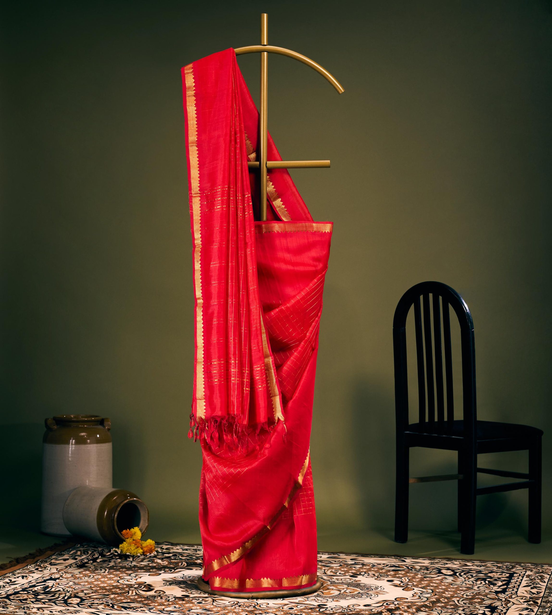 Vermilion Red Handloom Mangalagiri Pattu Saree - Image 2
