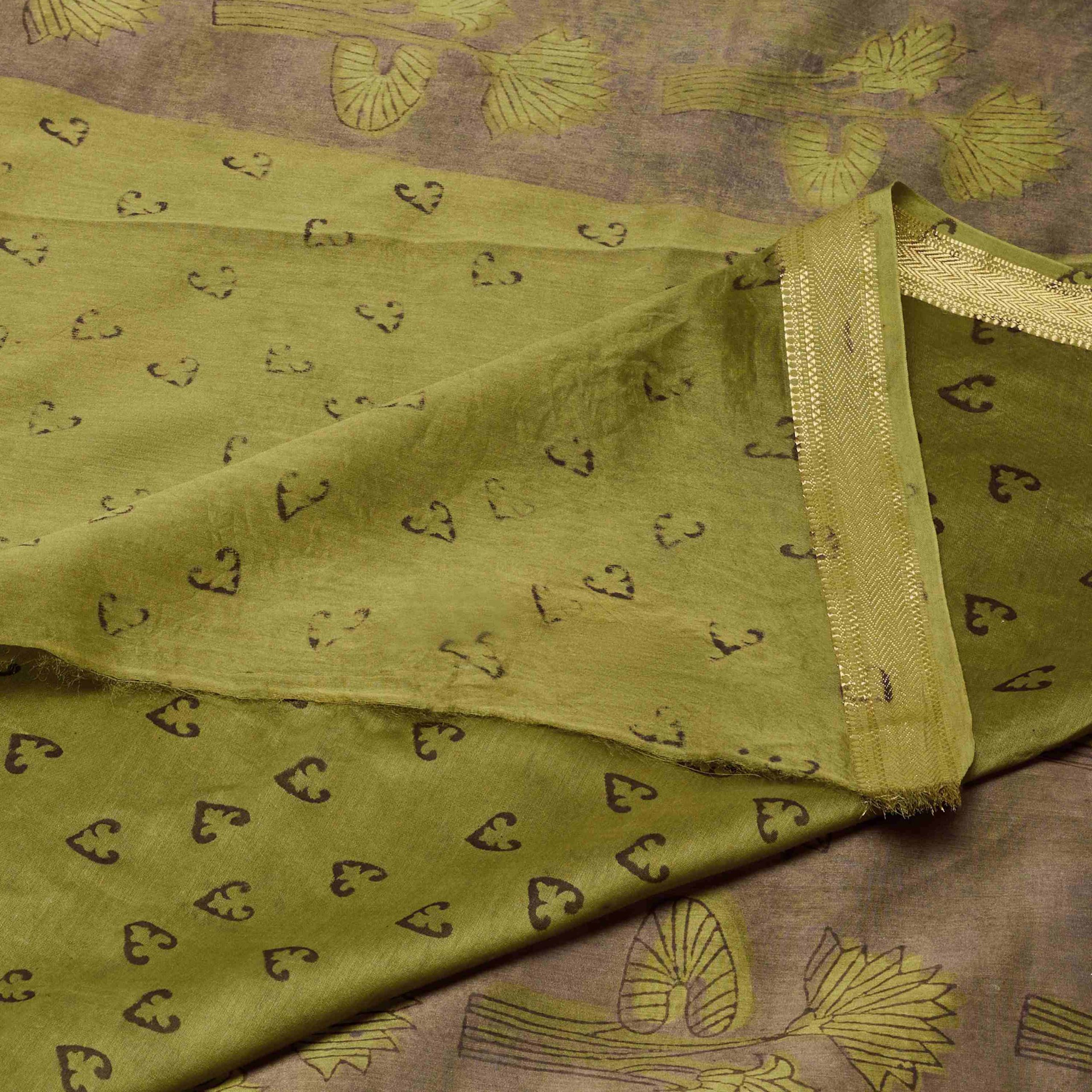 Olive Green Bagru Hand Block Vanaspati Dye Saree - Image 2