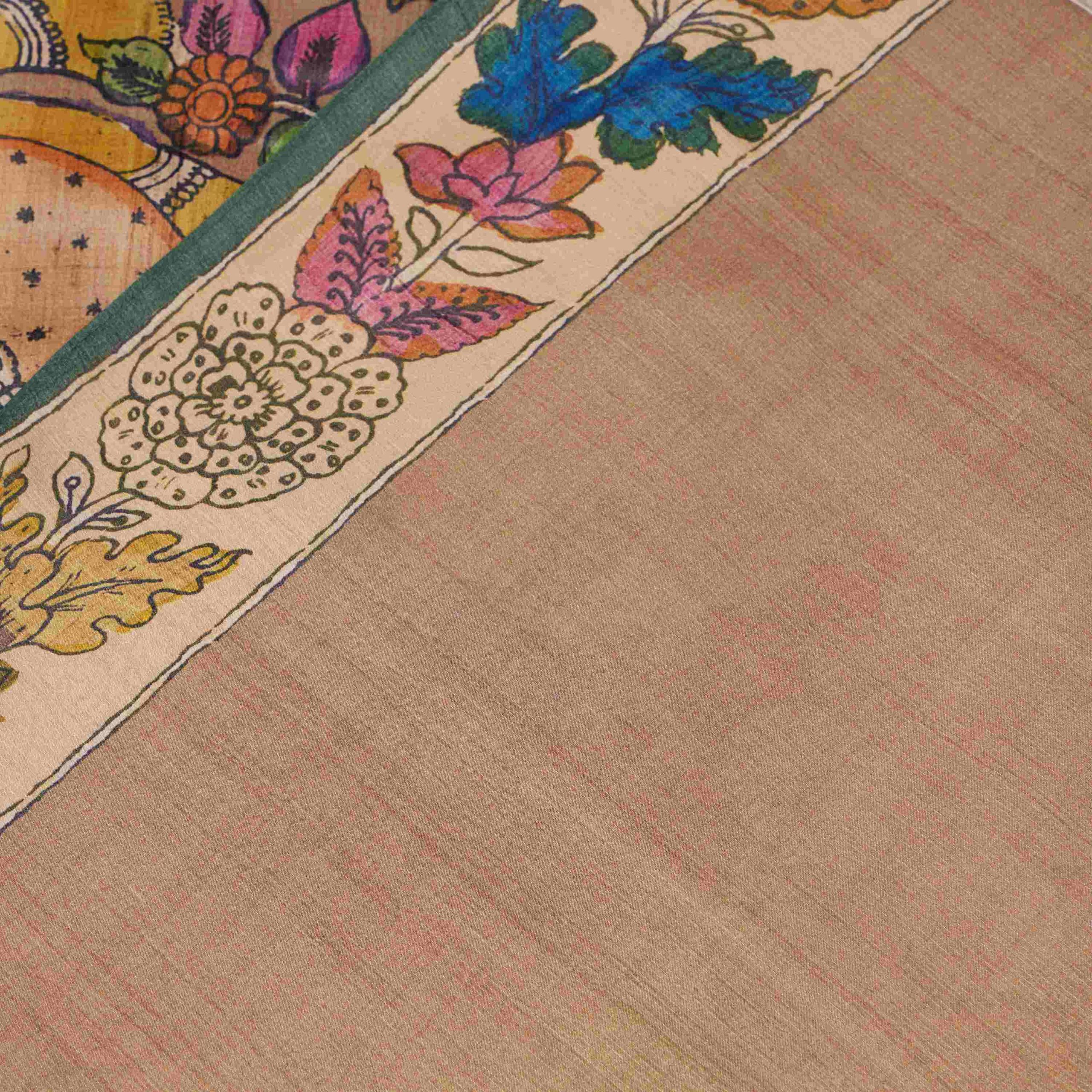 Teal Green Kalamkari Print Modal Saree - Image 4