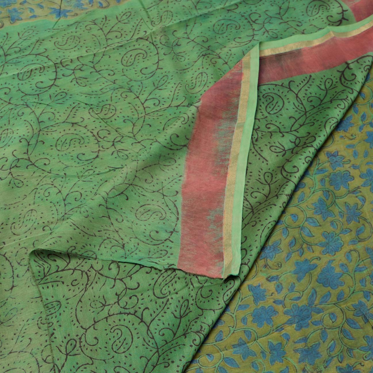 Green Bagru Hand Block Pomegranate Dye Saree - Image 2
