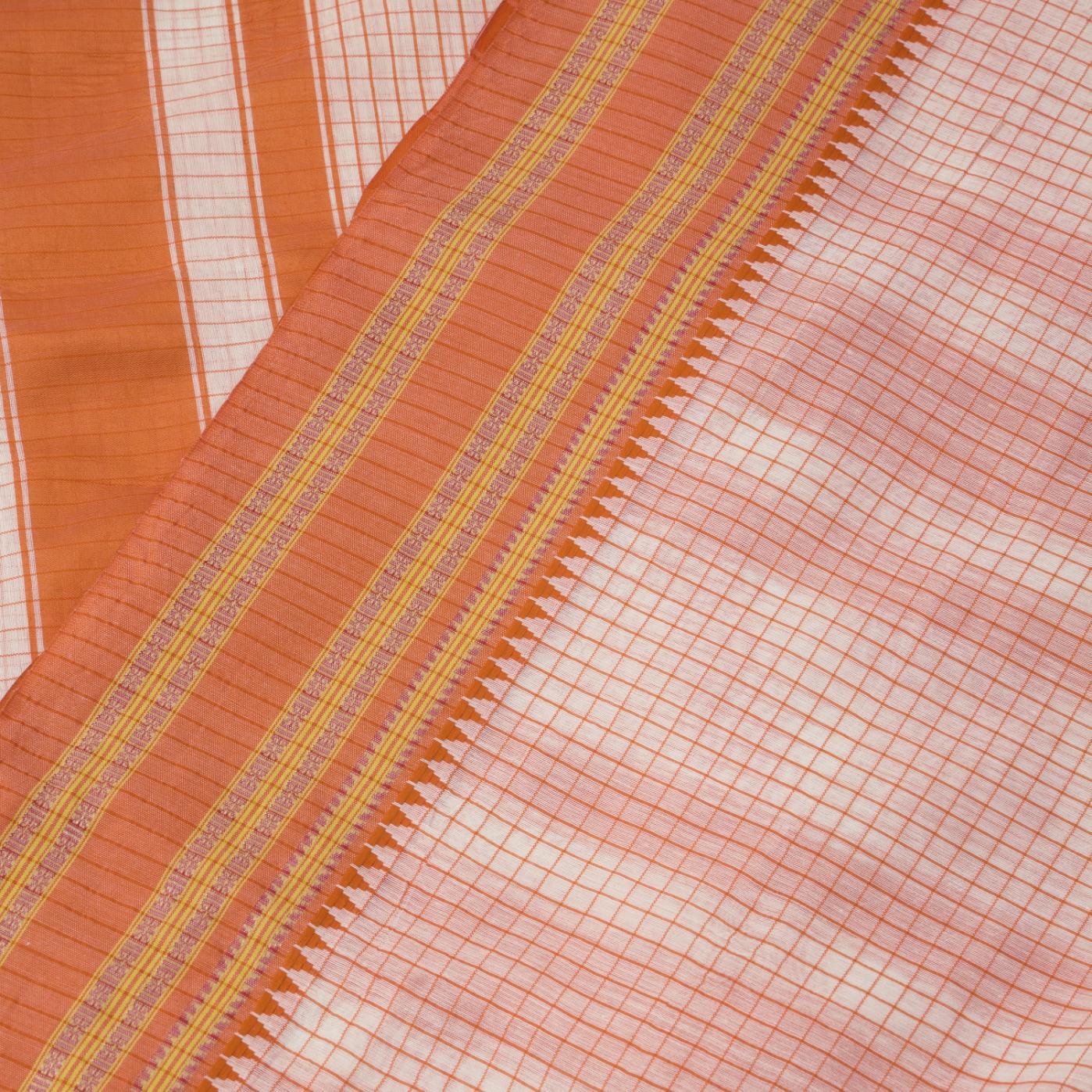White & Orange Cotton Checks Saree - Image 2
