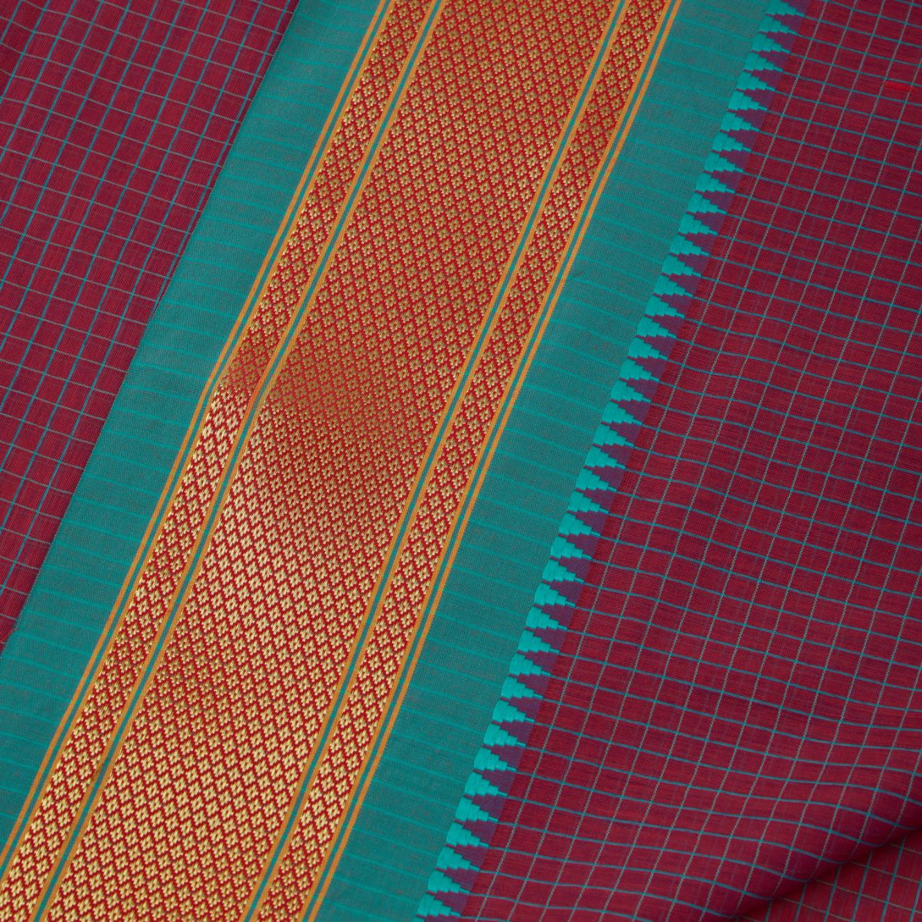 Red & Green Cotton Checks Saree - Image 2