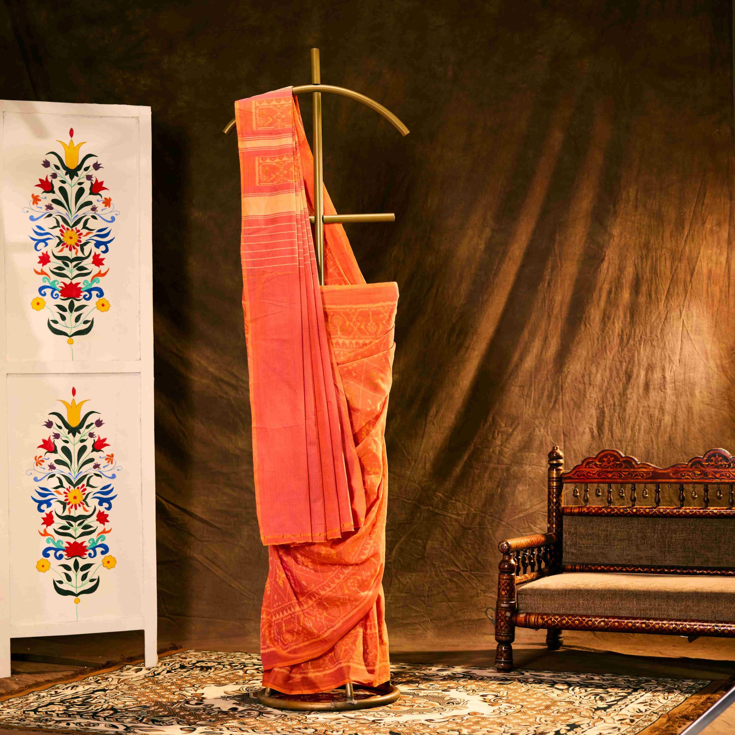 Coral Orange Cotton Patola Saree - Image 2
